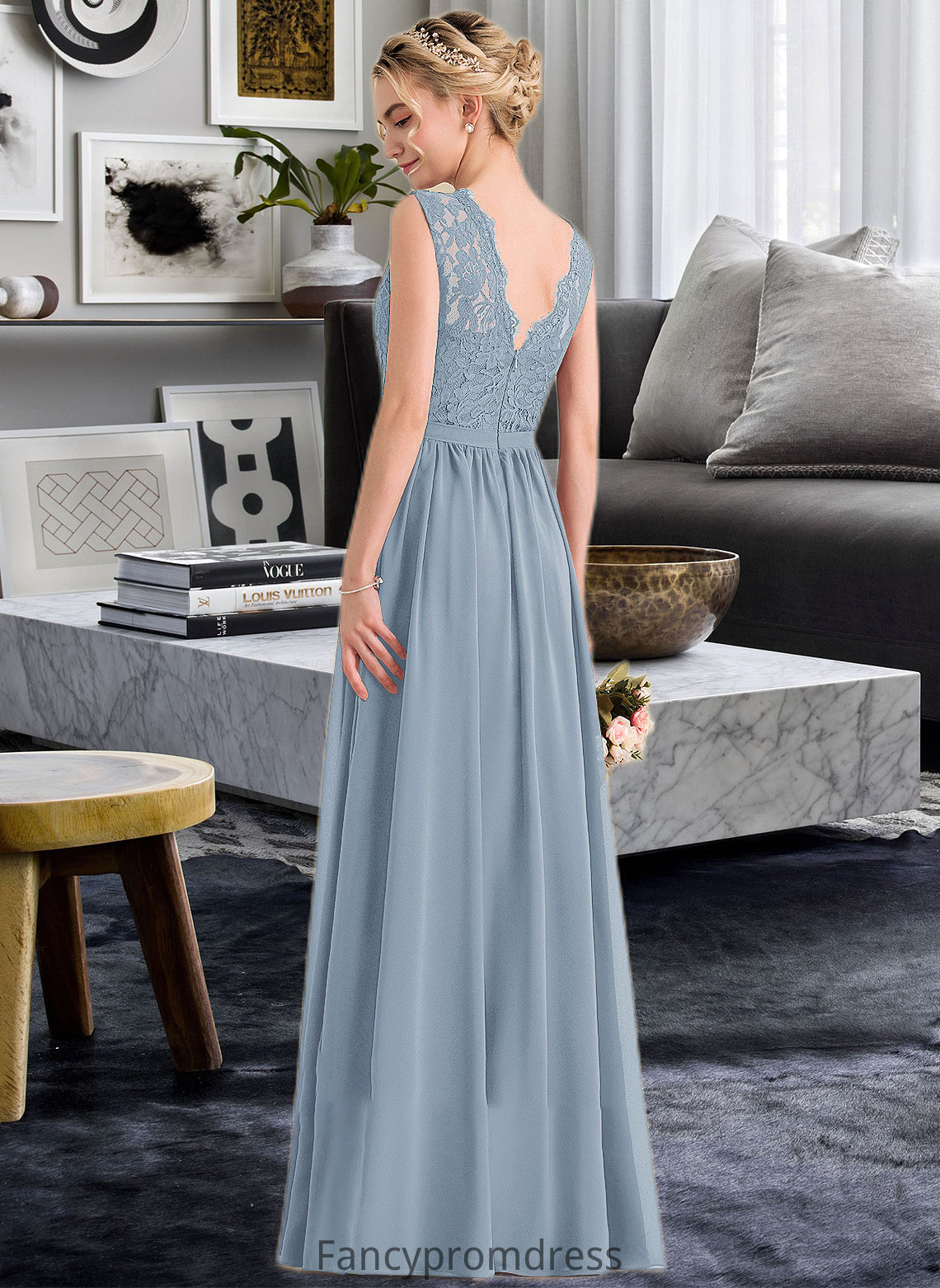 Aracely A-Line Scoop Neck Floor-Length Chiffon Lace Bridesmaid Dress With Split Front DRP0013114