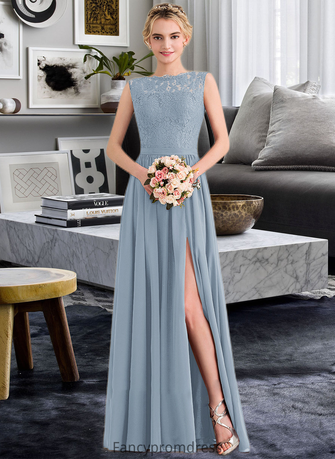 Aracely A-Line Scoop Neck Floor-Length Chiffon Lace Bridesmaid Dress With Split Front DRP0013114