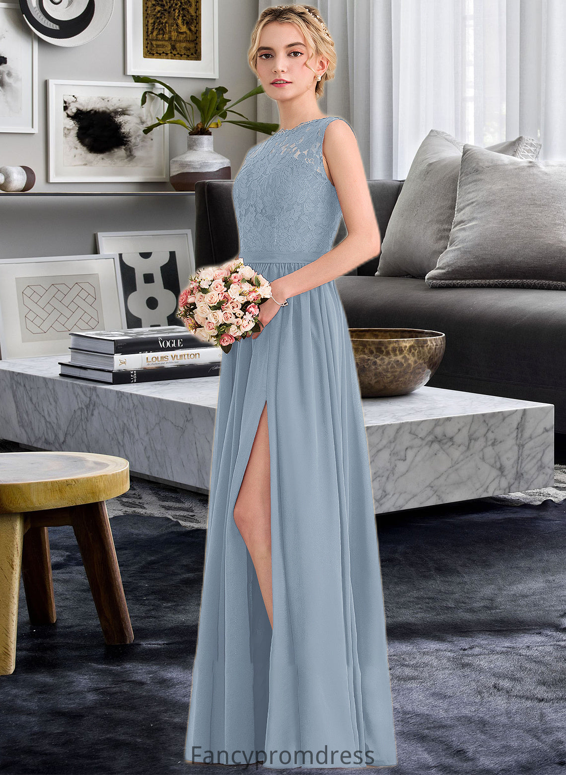 Aracely A-Line Scoop Neck Floor-Length Chiffon Lace Bridesmaid Dress With Split Front DRP0013114