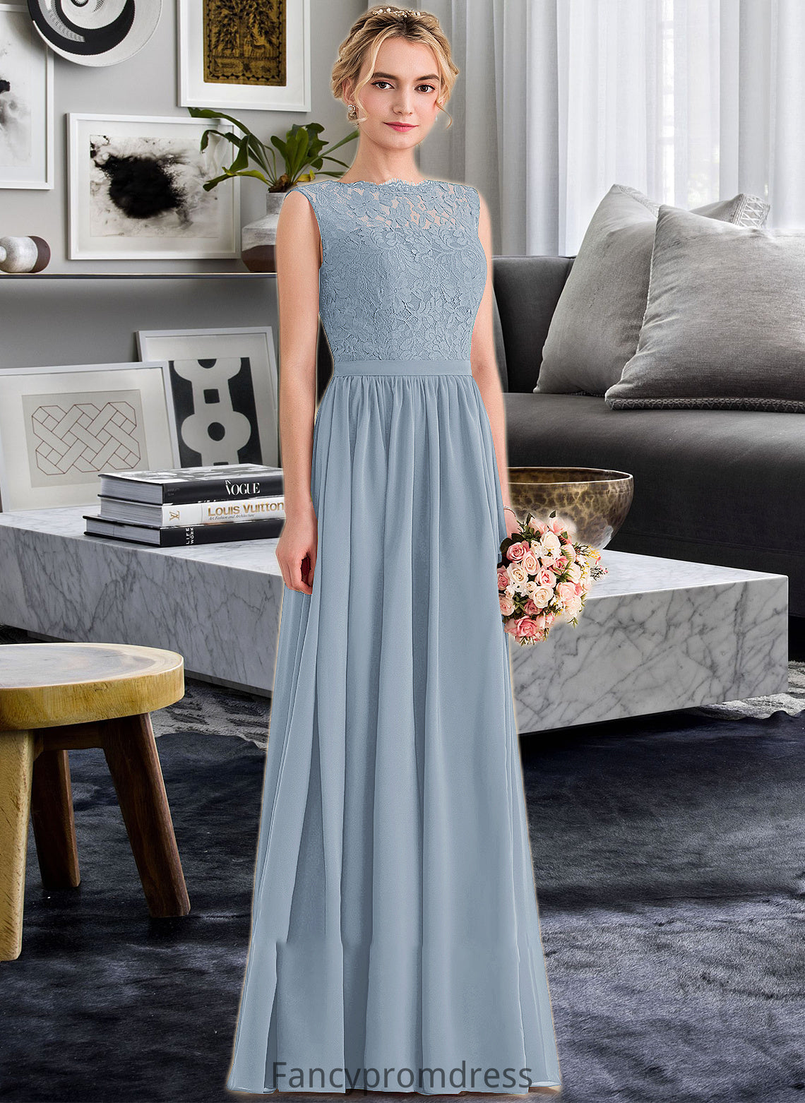 Aracely A-Line Scoop Neck Floor-Length Chiffon Lace Bridesmaid Dress With Split Front DRP0013114