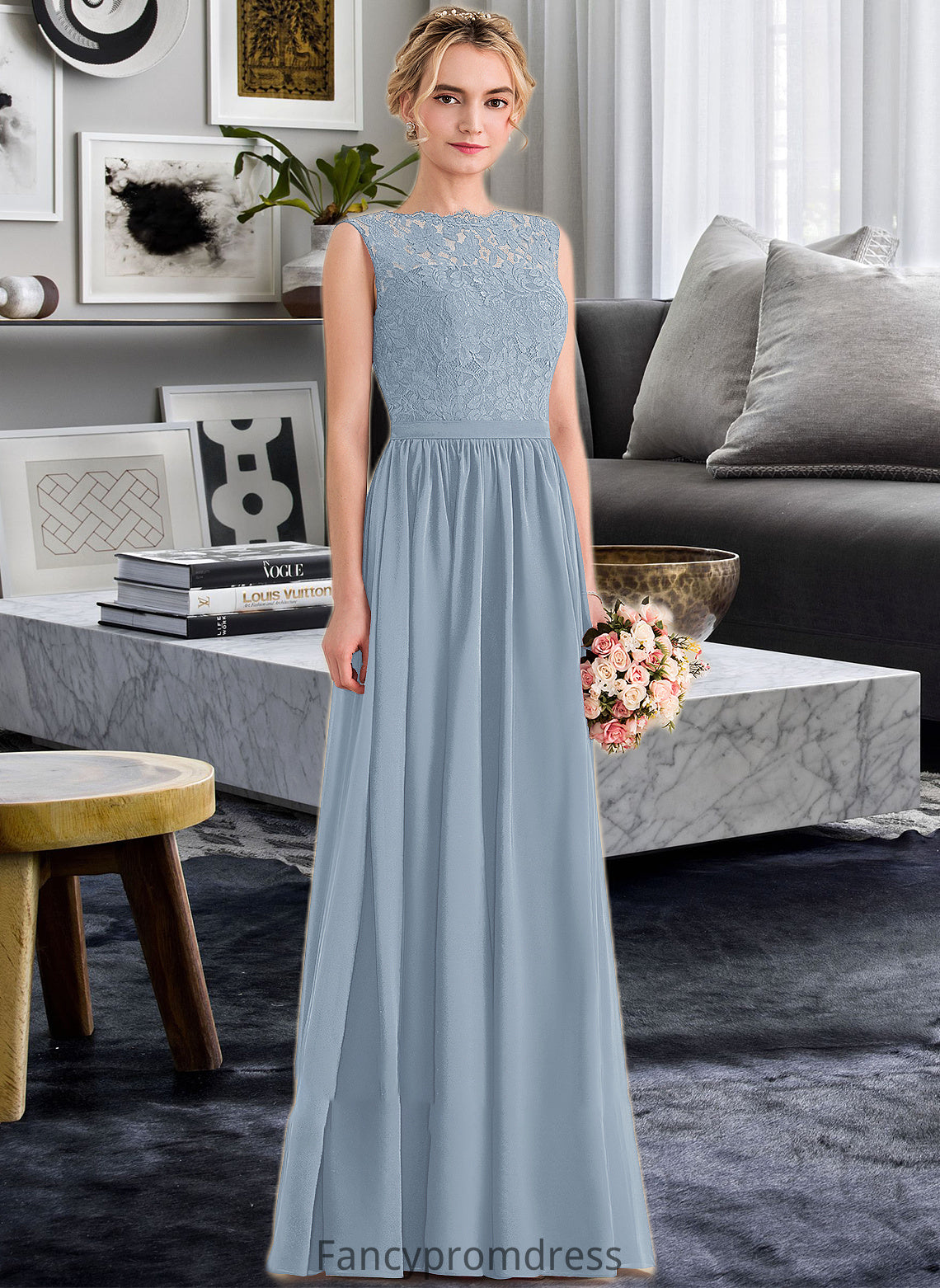 Aracely A-Line Scoop Neck Floor-Length Chiffon Lace Bridesmaid Dress With Split Front DRP0013114