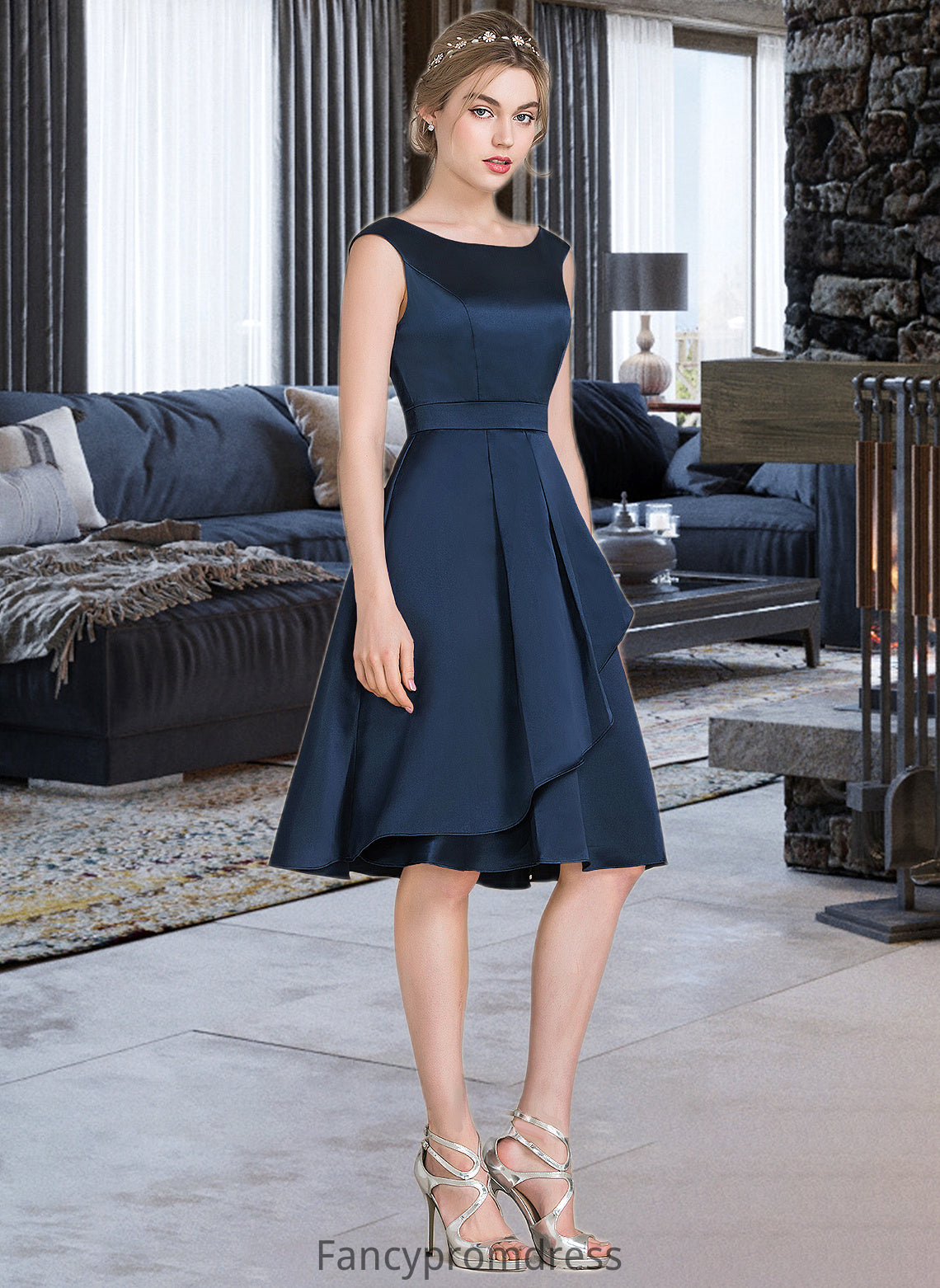 Logan A-Line Scoop Neck Knee-Length Satin Bridesmaid Dress With Cascading Ruffles DRP0013115