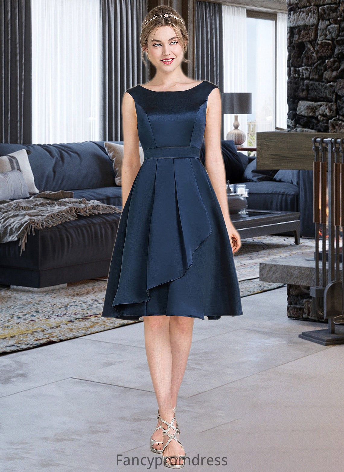 Logan A-Line Scoop Neck Knee-Length Satin Bridesmaid Dress With Cascading Ruffles DRP0013115