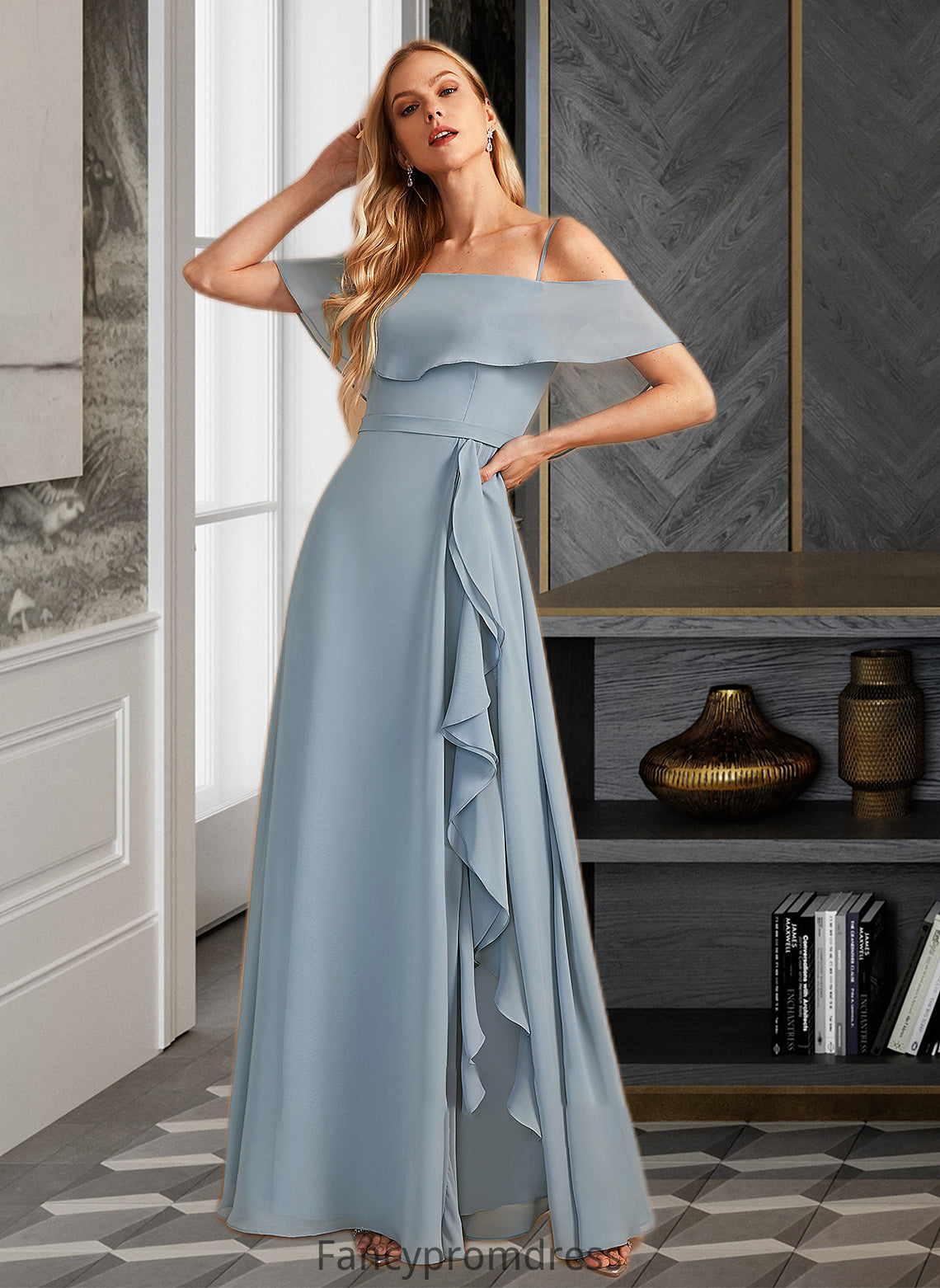 Joy A-Line Off-the-Shoulder Floor-Length Bridesmaid Dress With Ruffle Split Front DRP0013116