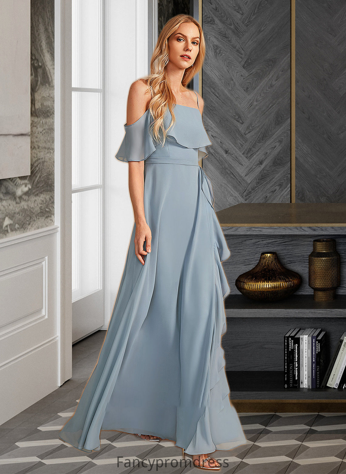 Joy A-Line Off-the-Shoulder Floor-Length Bridesmaid Dress With Ruffle Split Front DRP0013116