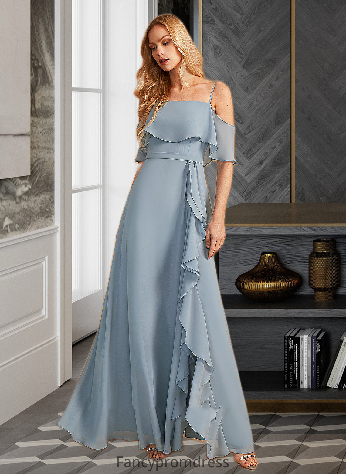 Joy A-Line Off-the-Shoulder Floor-Length Bridesmaid Dress With Ruffle Split Front DRP0013116