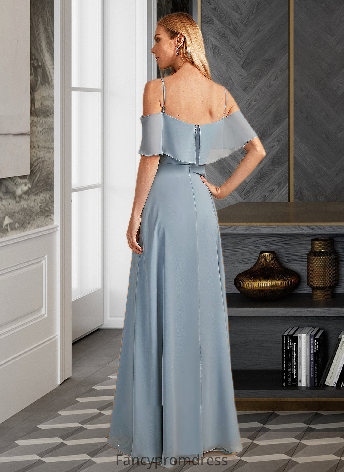 Joy A-Line Off-the-Shoulder Floor-Length Bridesmaid Dress With Ruffle Split Front DRP0013116