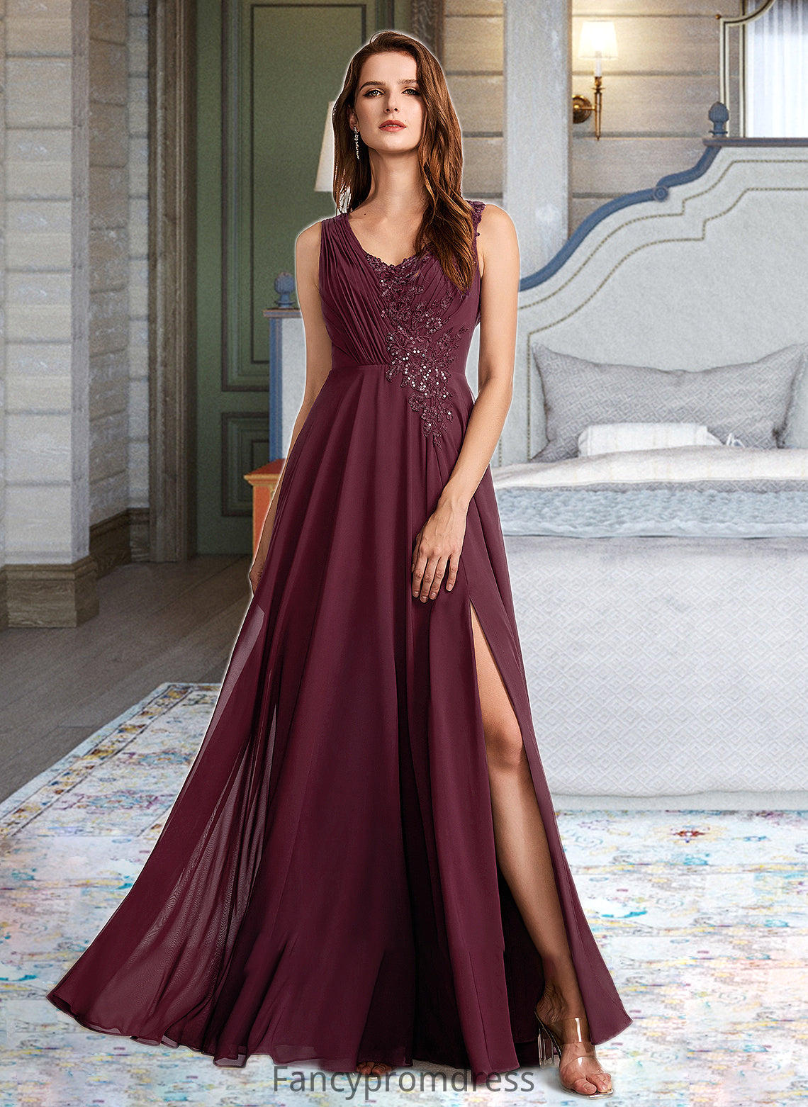 Dayami A-Line V-neck Floor-Length Bridesmaid Dress With Lace DRP0013117