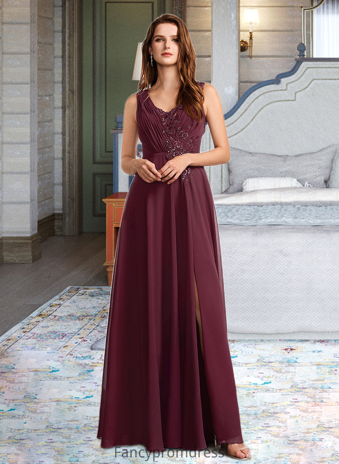 Dayami A-Line V-neck Floor-Length Bridesmaid Dress With Lace DRP0013117