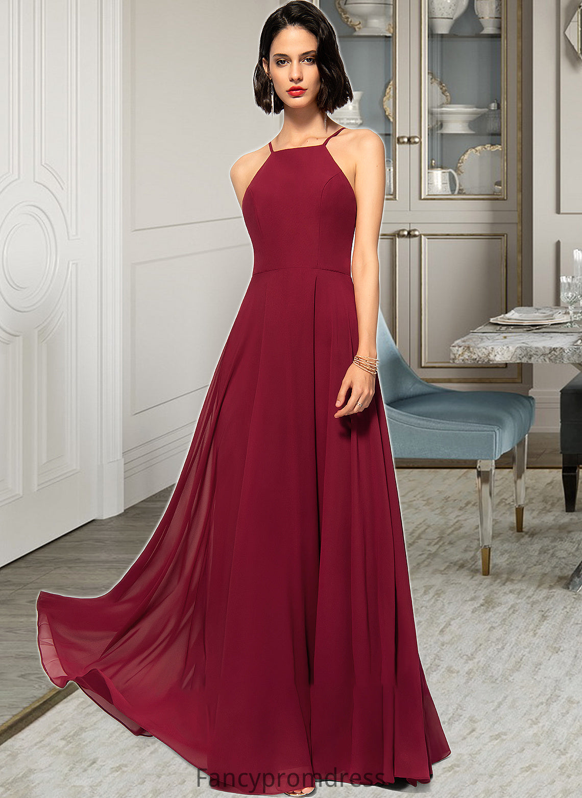 Micah A-Line Scoop Neck Square Neckline Floor-Length Chiffon Bridesmaid Dress DRP0013146