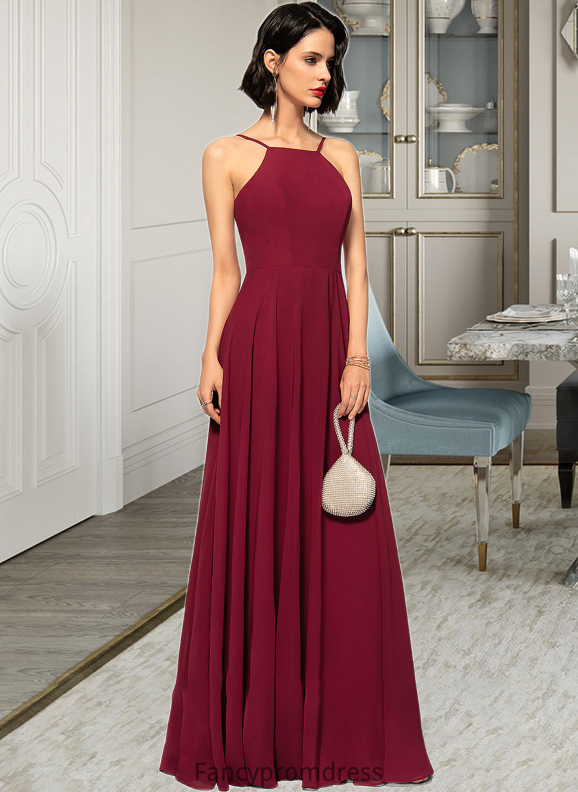 Micah A-Line Scoop Neck Square Neckline Floor-Length Chiffon Bridesmaid Dress DRP0013146