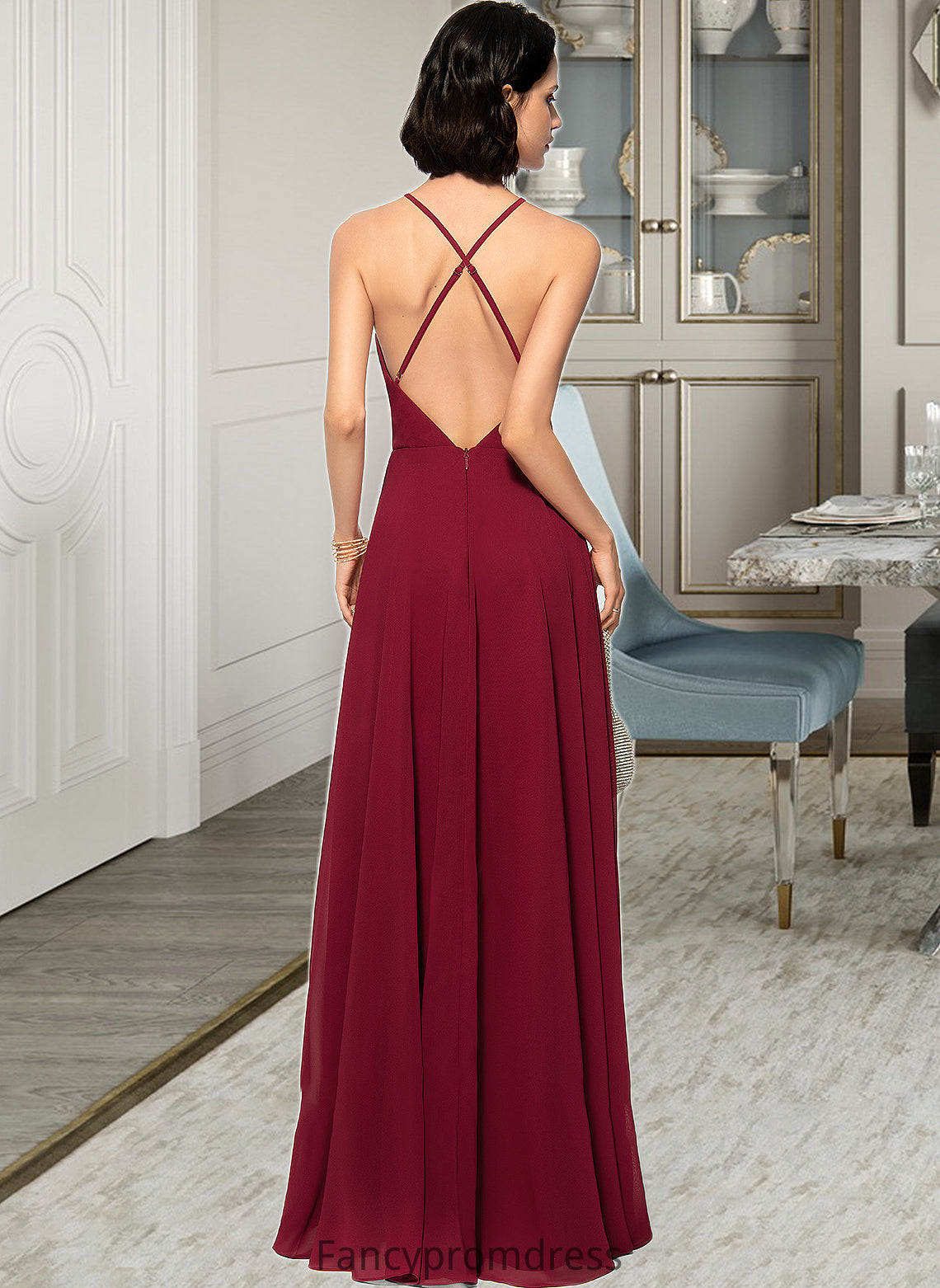 Micah A-Line Scoop Neck Square Neckline Floor-Length Chiffon Bridesmaid Dress DRP0013146