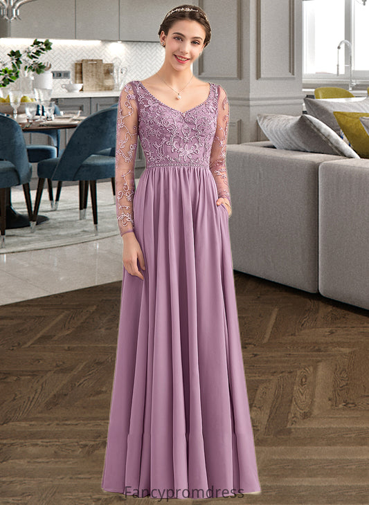 Ann A-Line V-neck Floor-Length Chiffon Lace Bridesmaid Dress With Beading Pockets DRP0013147