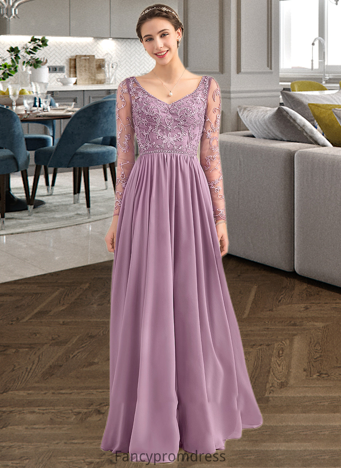 Ann A-Line V-neck Floor-Length Chiffon Lace Bridesmaid Dress With Beading Pockets DRP0013147