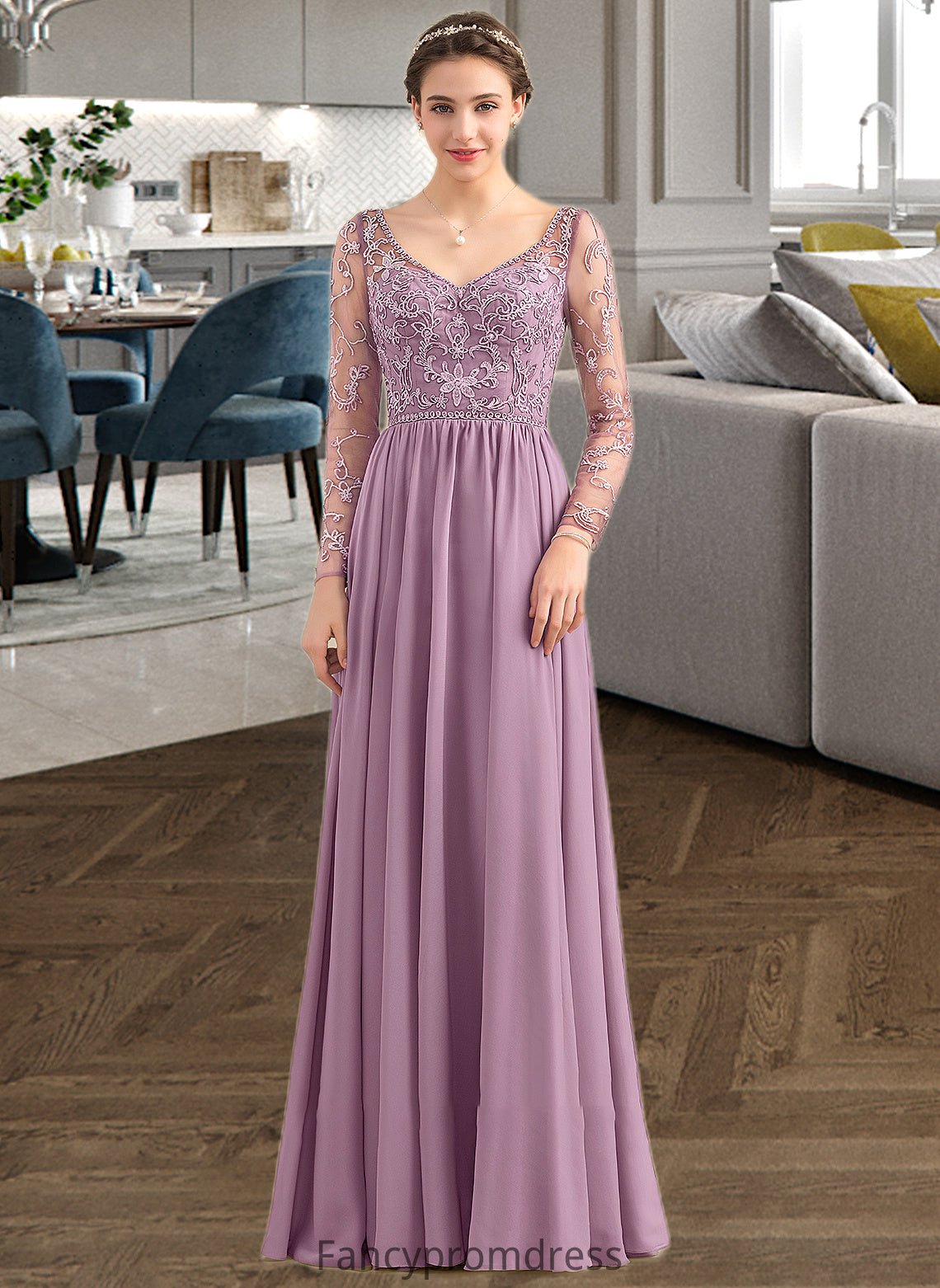 Ann A-Line V-neck Floor-Length Chiffon Lace Bridesmaid Dress With Beading Pockets DRP0013147