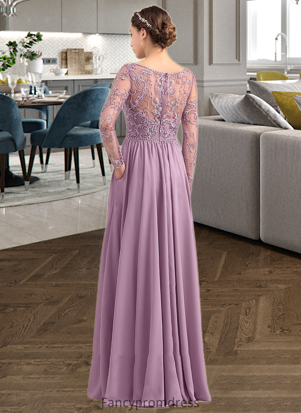 Ann A-Line V-neck Floor-Length Chiffon Lace Bridesmaid Dress With Beading Pockets DRP0013147