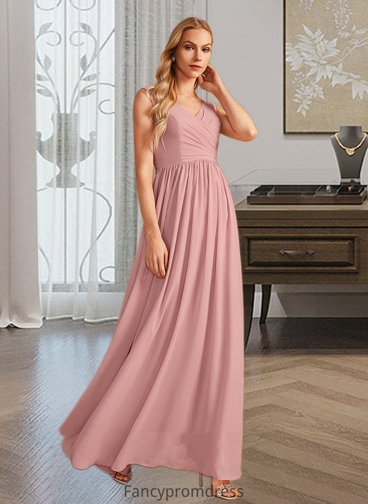 Ireland A-Line V-neck Floor-Length Bridesmaid Dress With Ruffle Bow(s) DRP0013148