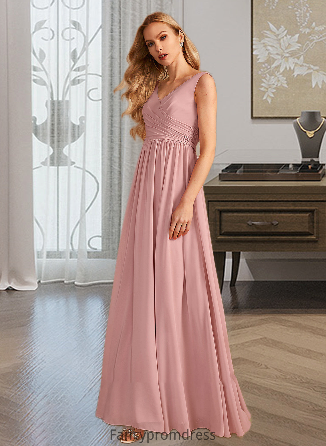 Ireland A-Line V-neck Floor-Length Bridesmaid Dress With Ruffle Bow(s) DRP0013148