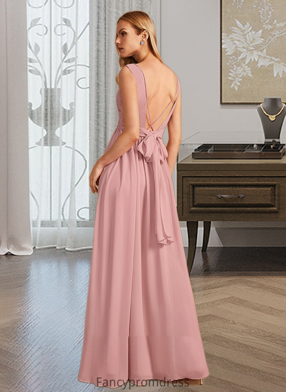 Ireland A-Line V-neck Floor-Length Bridesmaid Dress With Ruffle Bow(s) DRP0013148