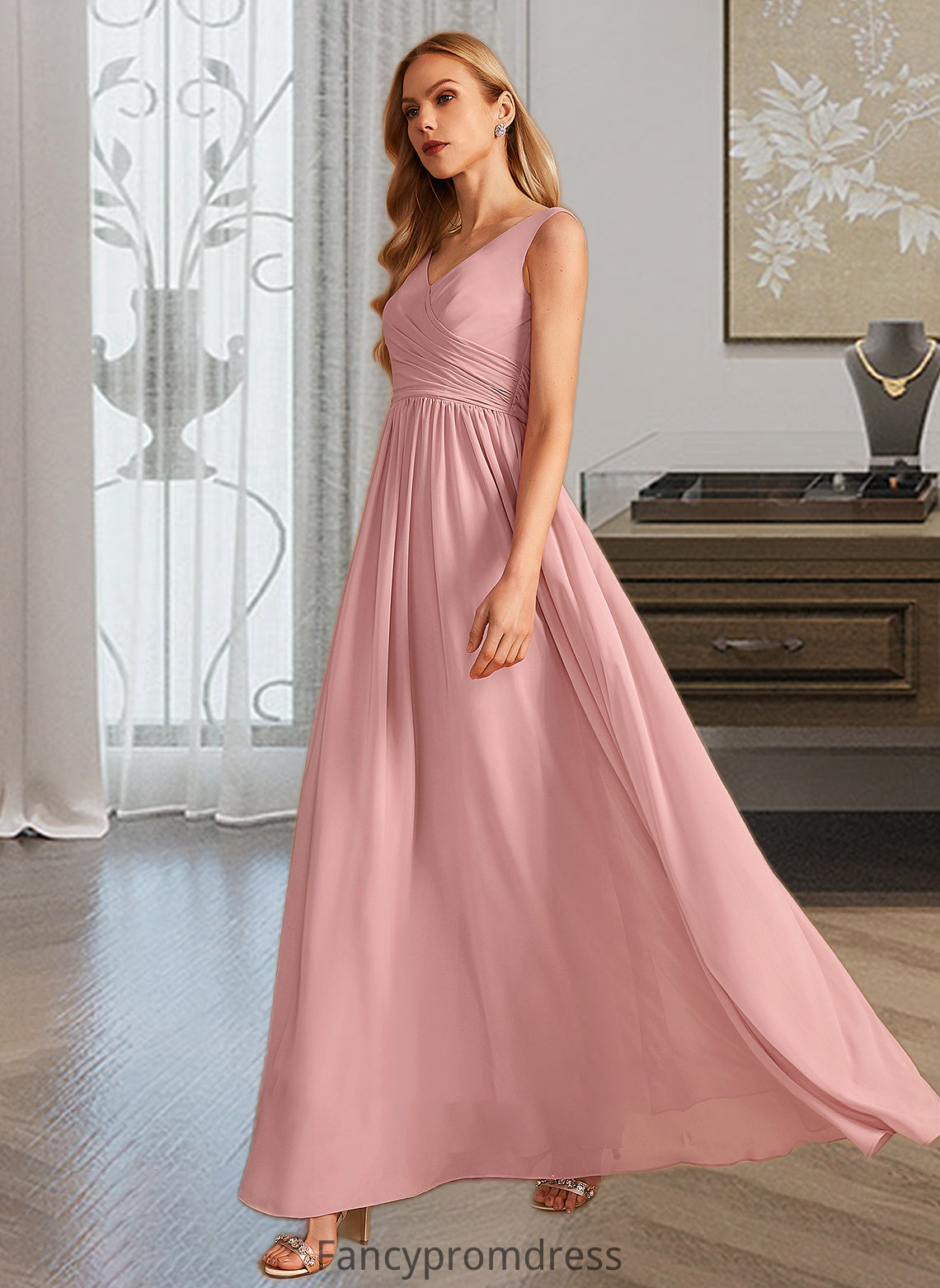 Ireland A-Line V-neck Floor-Length Bridesmaid Dress With Ruffle Bow(s) DRP0013148