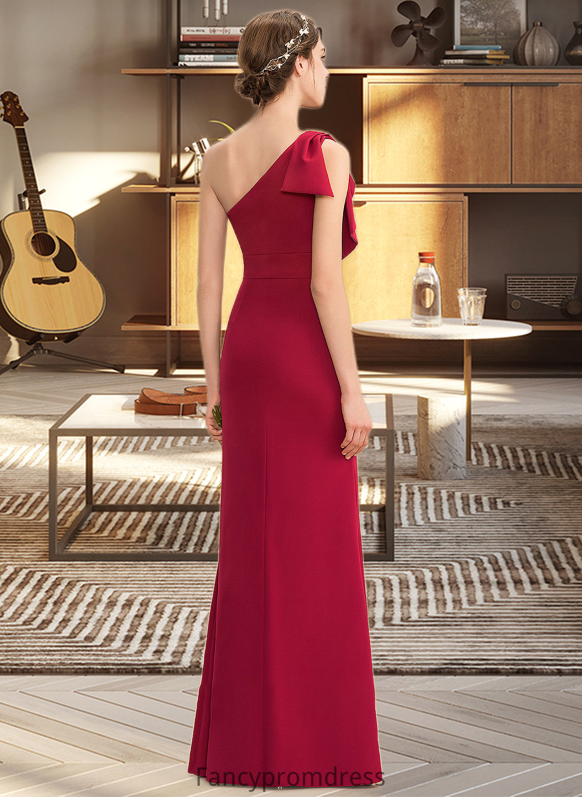 Estrella Sheath/Column One-Shoulder Floor-Length Stretch Crepe Bridesmaid Dress With Split Front DRP0013153