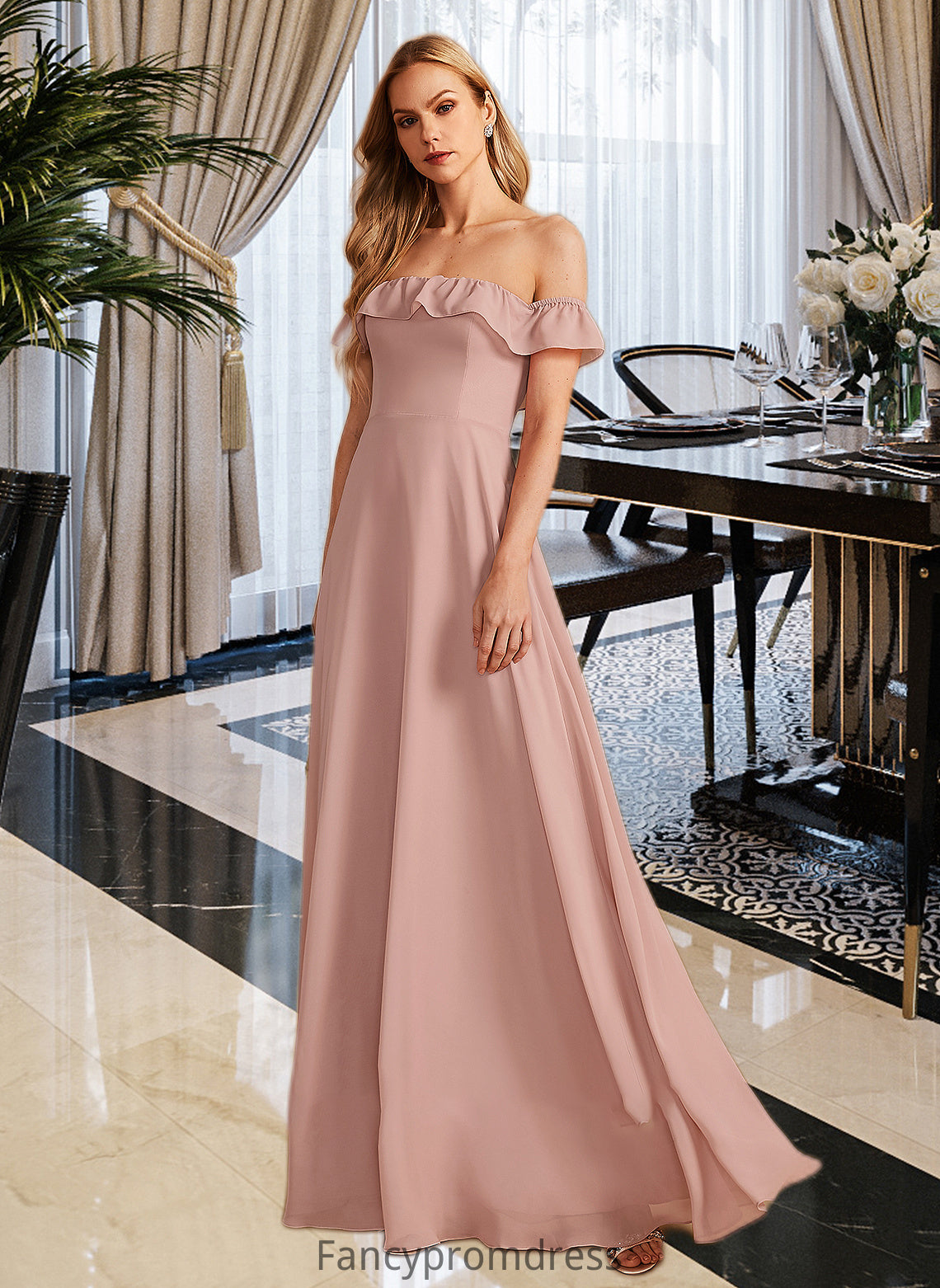 Destiney A-Line Off-the-Shoulder Floor-Length Bridesmaid Dress With Ruffle DRP0013156