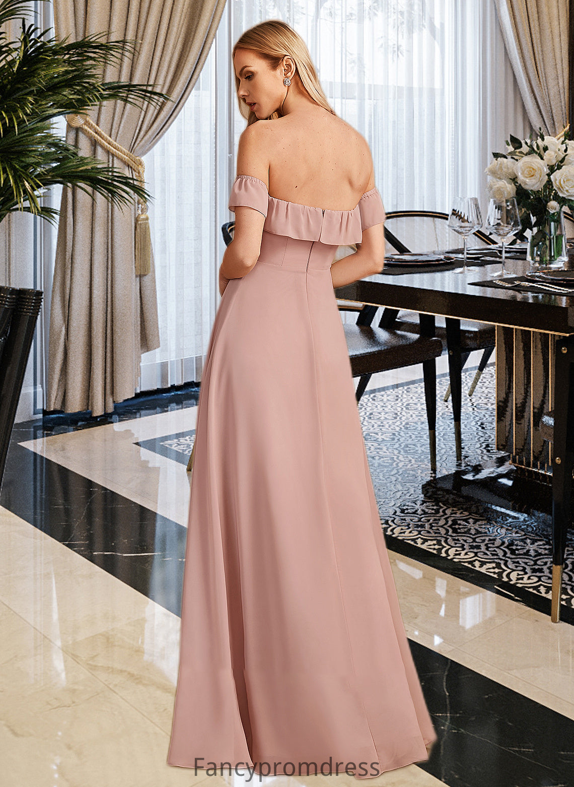 Destiney A-Line Off-the-Shoulder Floor-Length Bridesmaid Dress With Ruffle DRP0013156