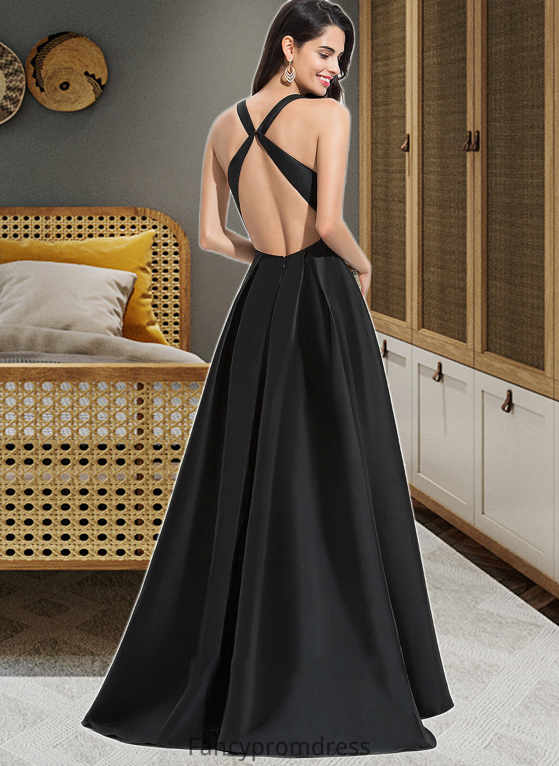 Christine Ball-Gown/Princess V-neck Asymmetrical Satin Bridesmaid Dress With Cascading Ruffles DRP0013157