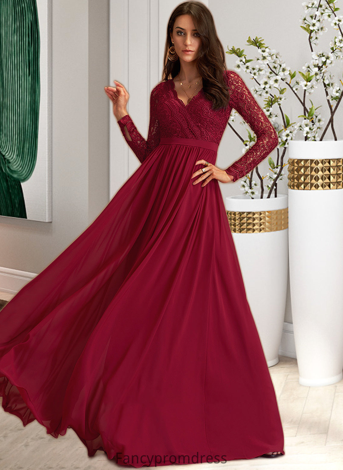 Kiara A-Line V-neck Floor-Length Chiffon Bridesmaid Dress With Lace DRP0013160