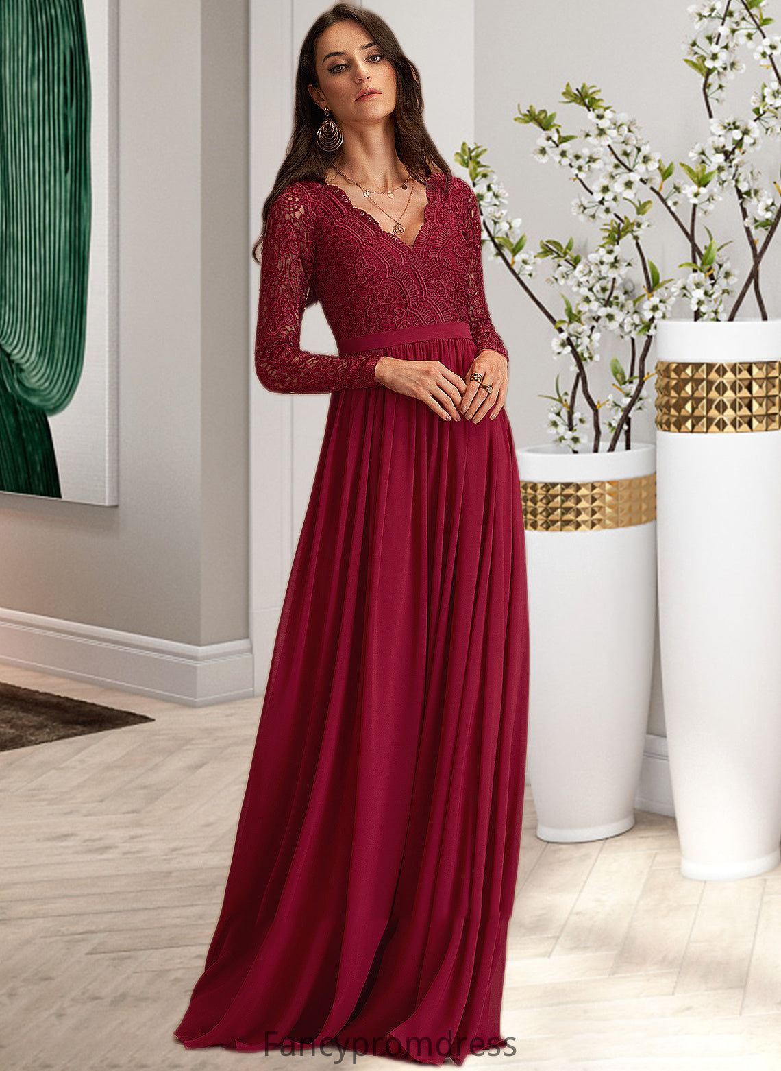 Kiara A-Line V-neck Floor-Length Chiffon Bridesmaid Dress With Lace DRP0013160