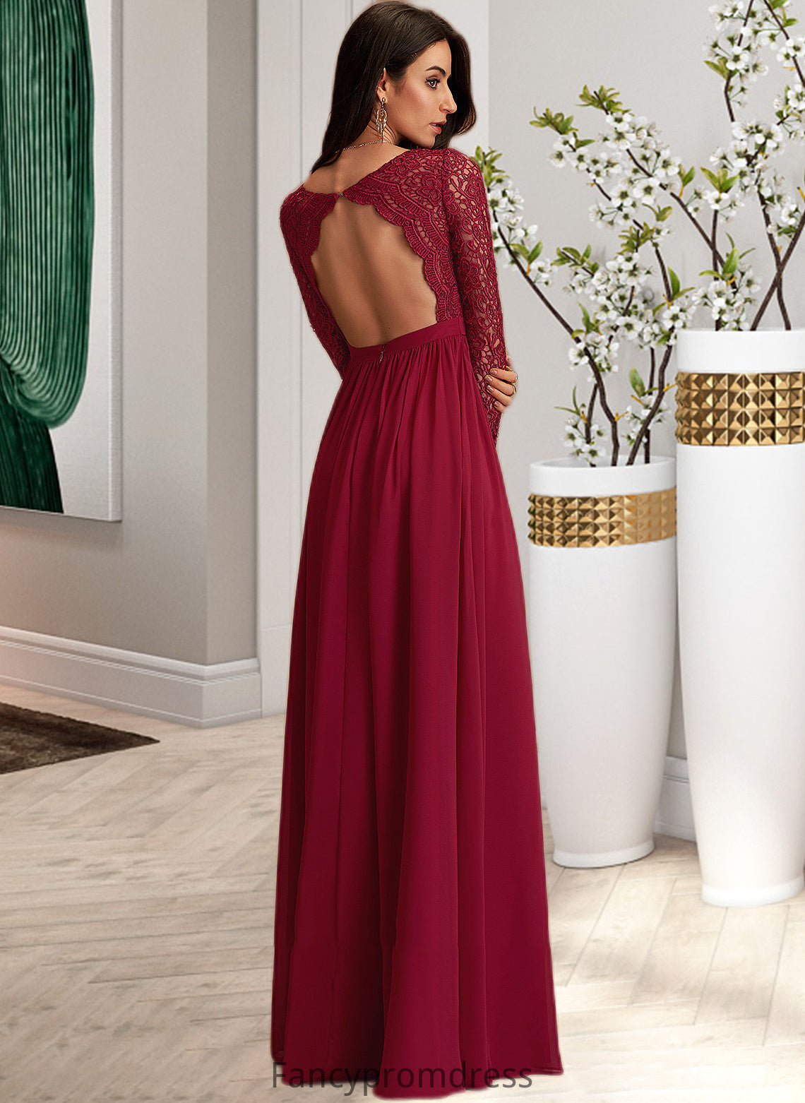 Kiara A-Line V-neck Floor-Length Chiffon Bridesmaid Dress With Lace DRP0013160