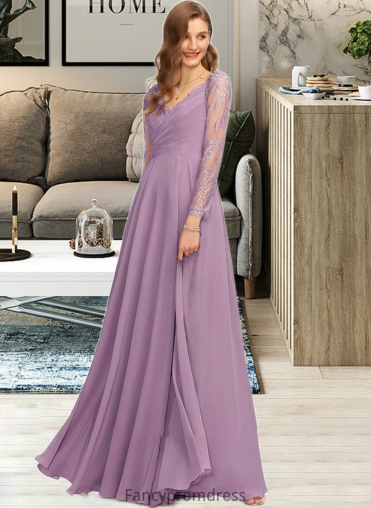 Harriet A-Line V-neck Floor-Length Chiffon Bridesmaid Dress DRP0013162