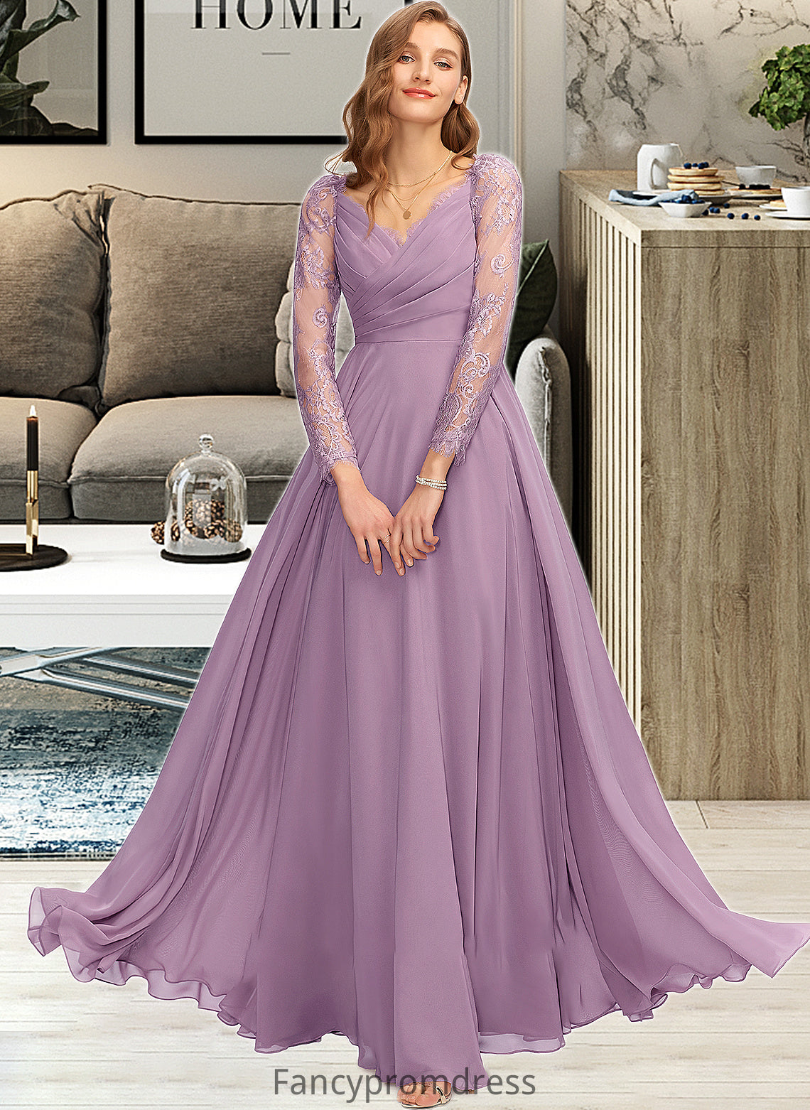 Harriet A-Line V-neck Floor-Length Chiffon Bridesmaid Dress DRP0013162