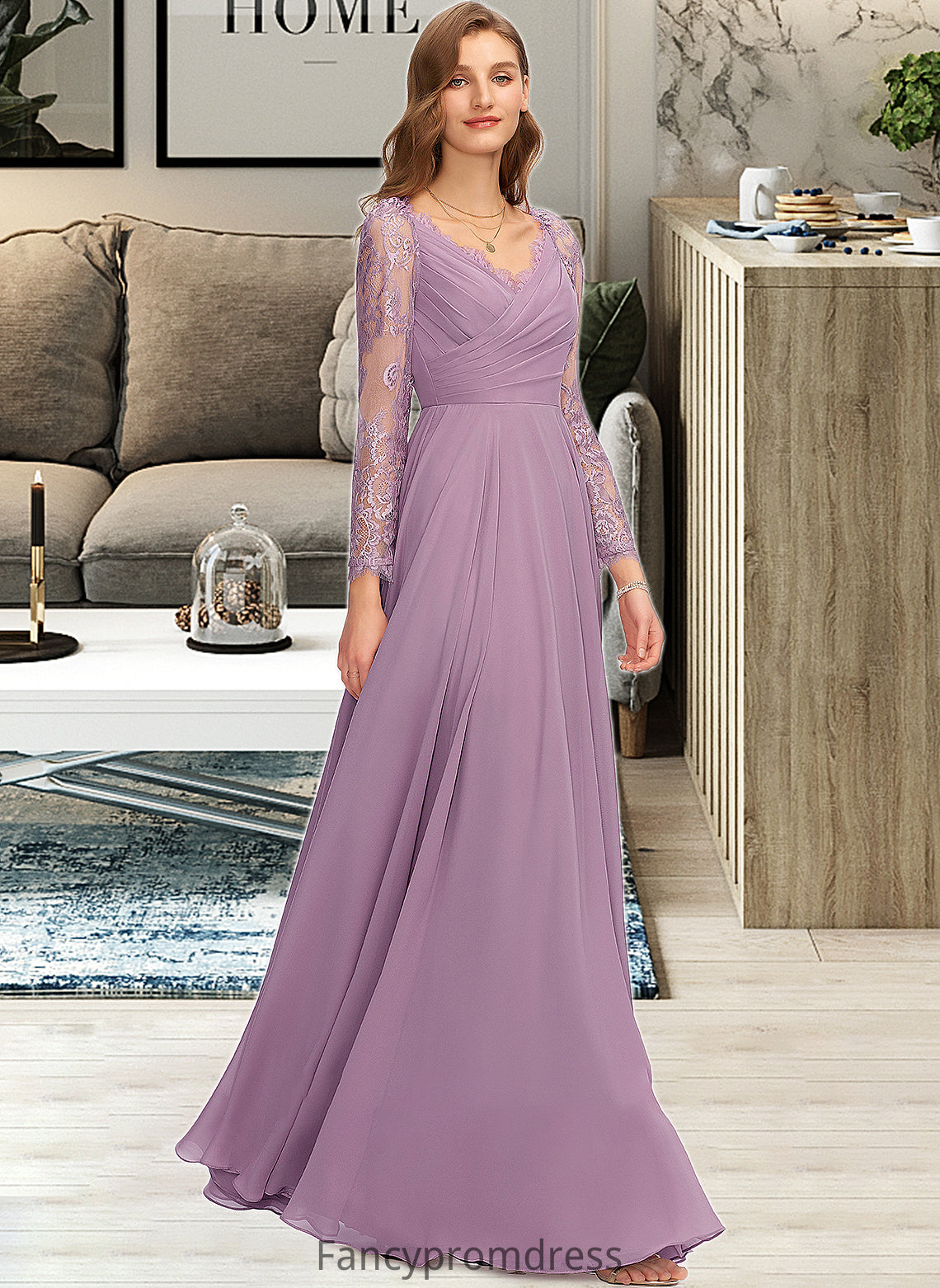 Harriet A-Line V-neck Floor-Length Chiffon Bridesmaid Dress DRP0013162