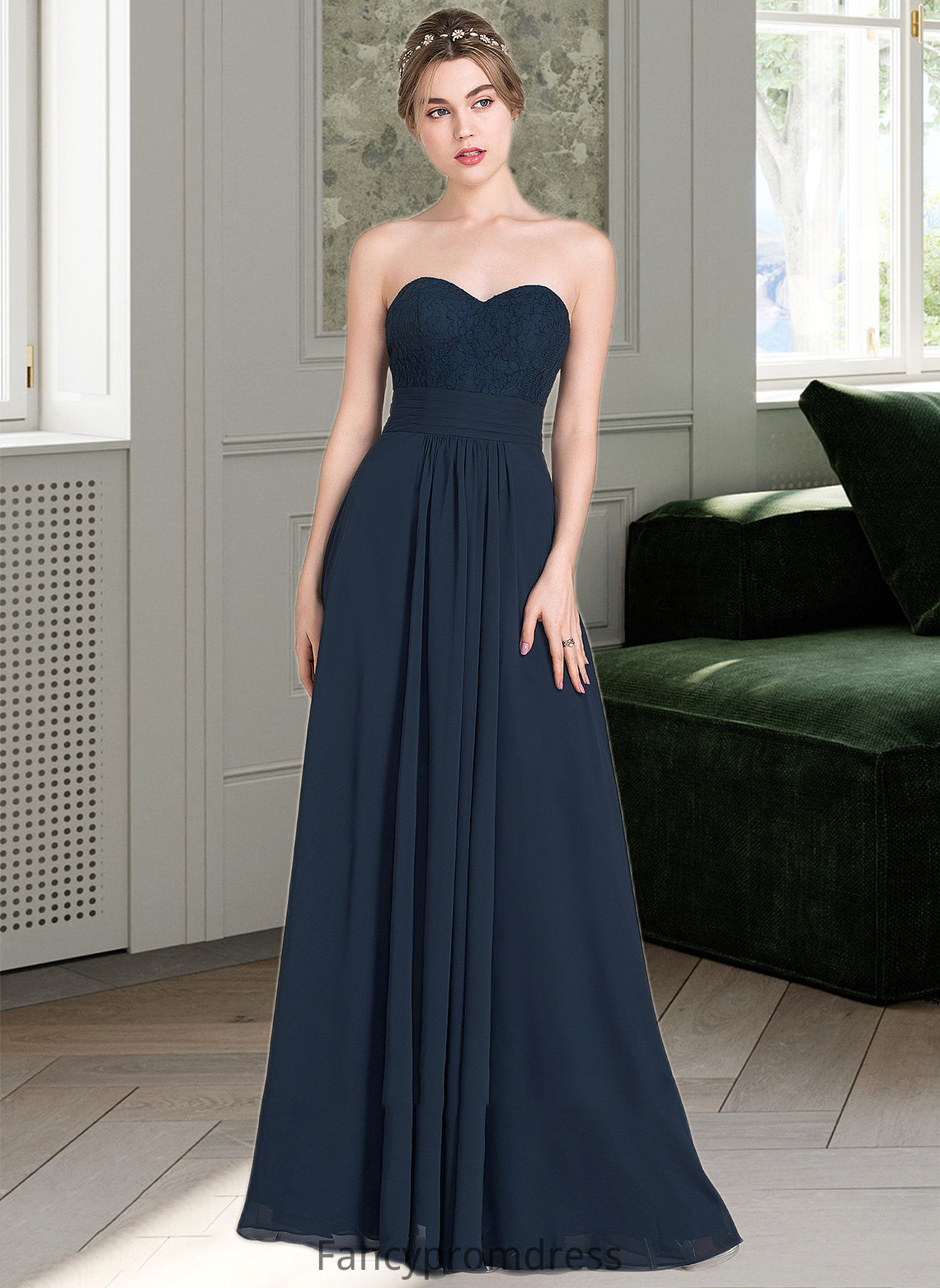 Kianna A-Line Sweetheart Floor-Length Chiffon Lace Bridesmaid Dress With Ruffle DRP0013163