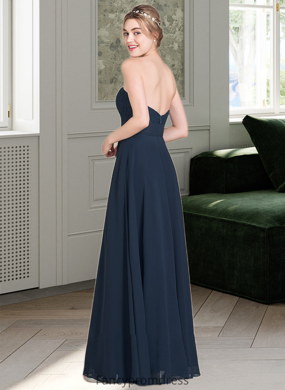 Kianna A-Line Sweetheart Floor-Length Chiffon Lace Bridesmaid Dress With Ruffle DRP0013163