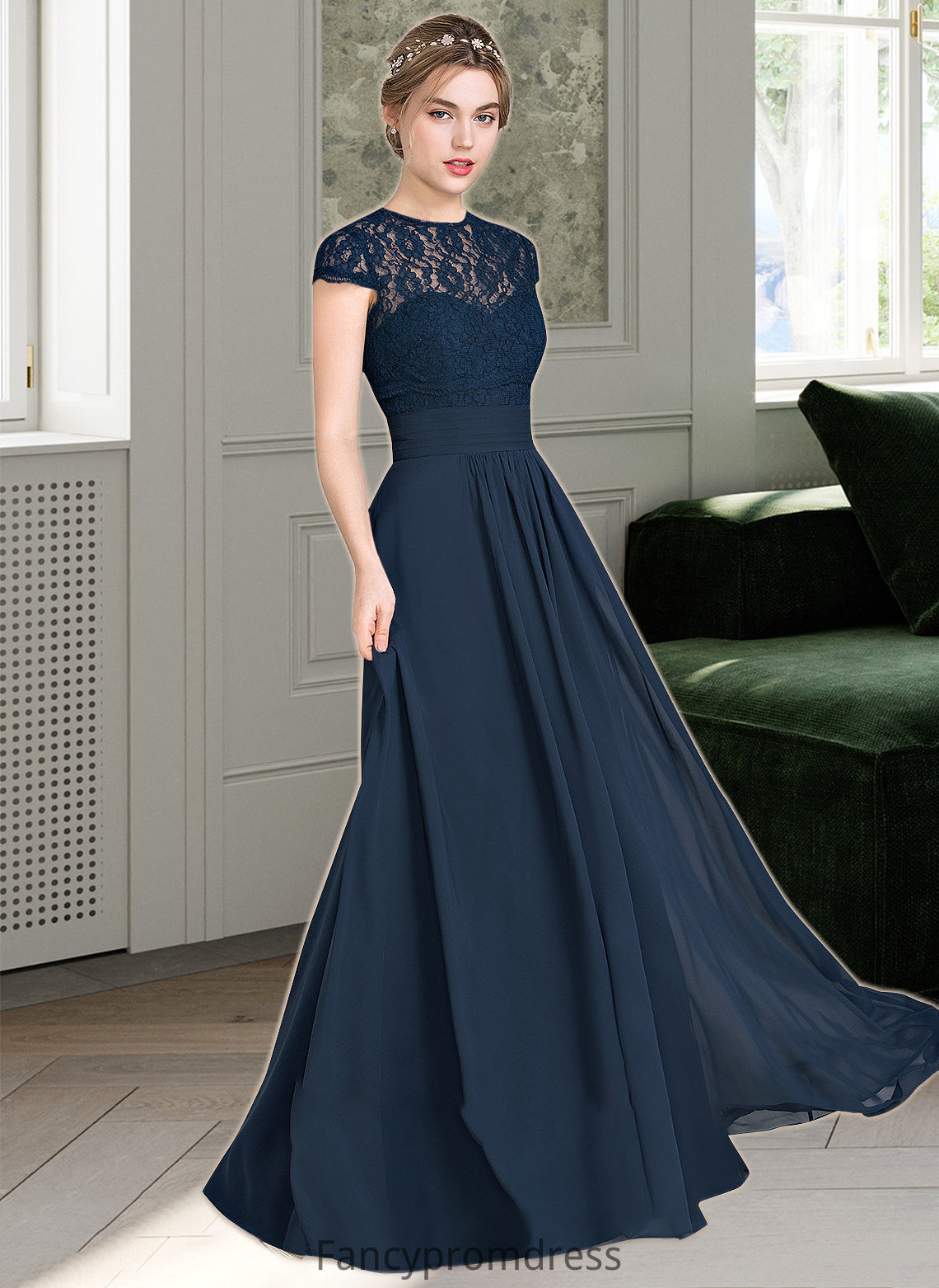 Kianna A-Line Sweetheart Floor-Length Chiffon Lace Bridesmaid Dress With Ruffle DRP0013163