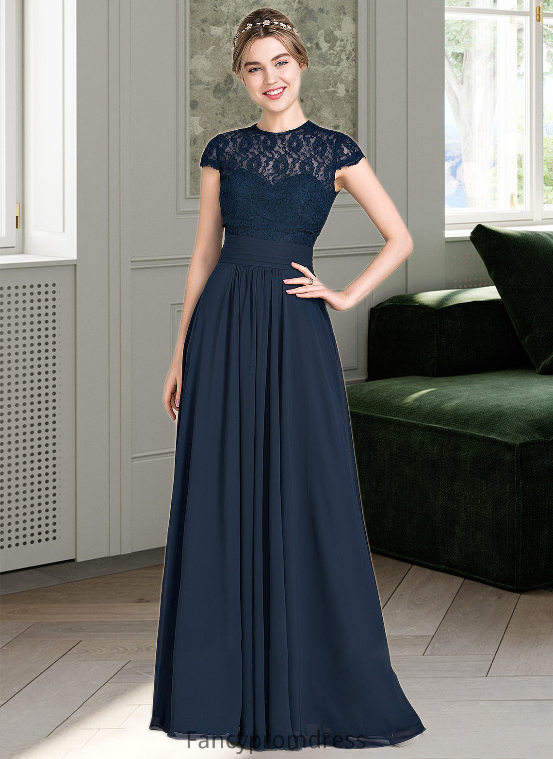 Kianna A-Line Sweetheart Floor-Length Chiffon Lace Bridesmaid Dress With Ruffle DRP0013163