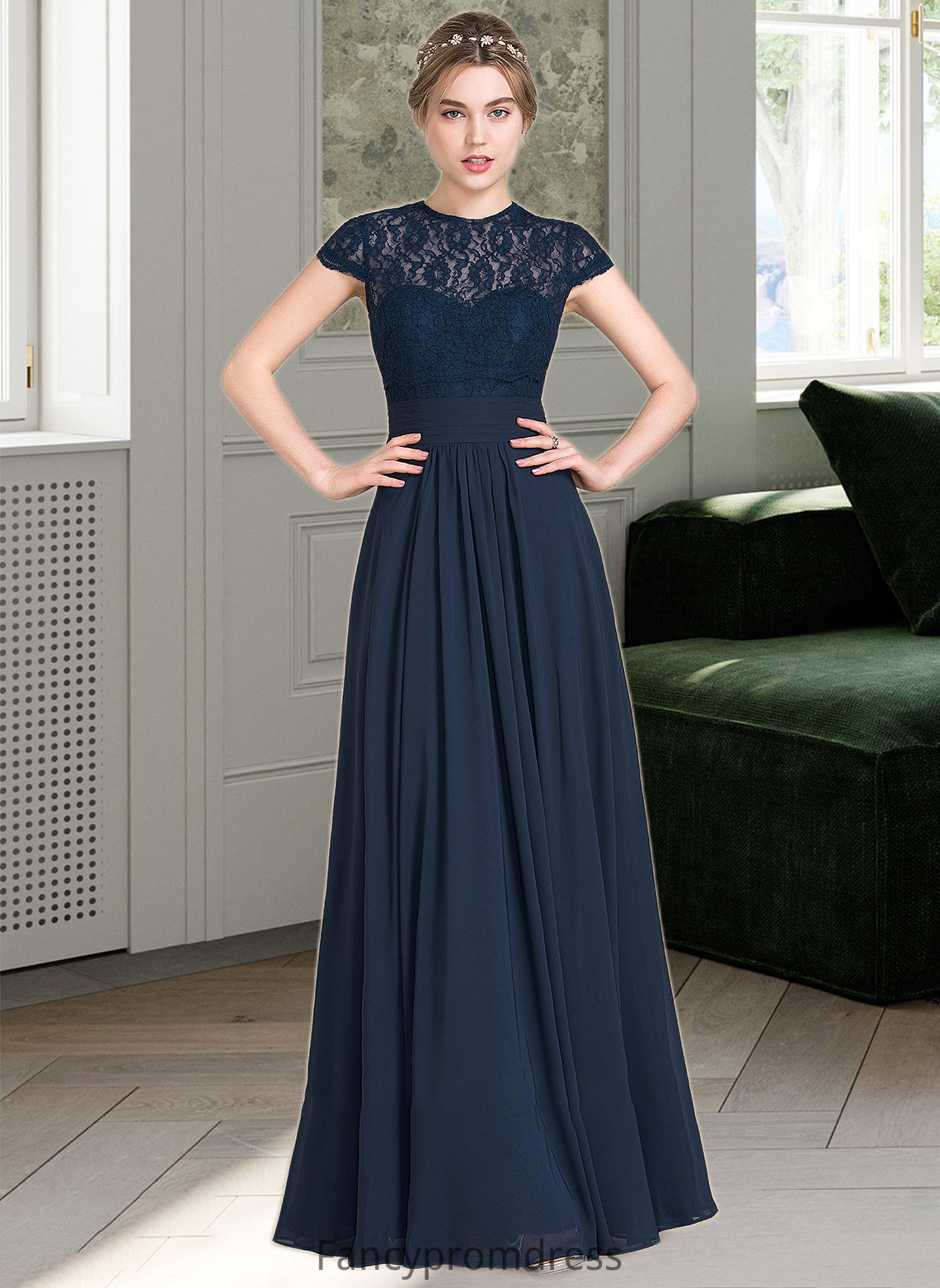 Kianna A-Line Sweetheart Floor-Length Chiffon Lace Bridesmaid Dress With Ruffle DRP0013163