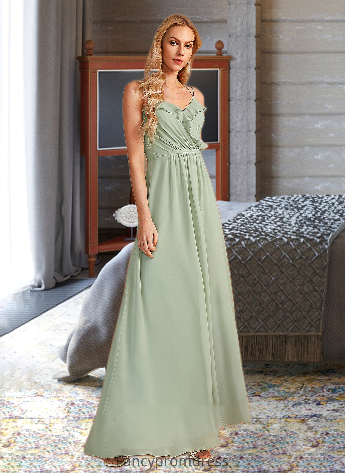 Jazmin A-Line V-neck Floor-Length Bridesmaid Dress With Ruffle DRP0013164