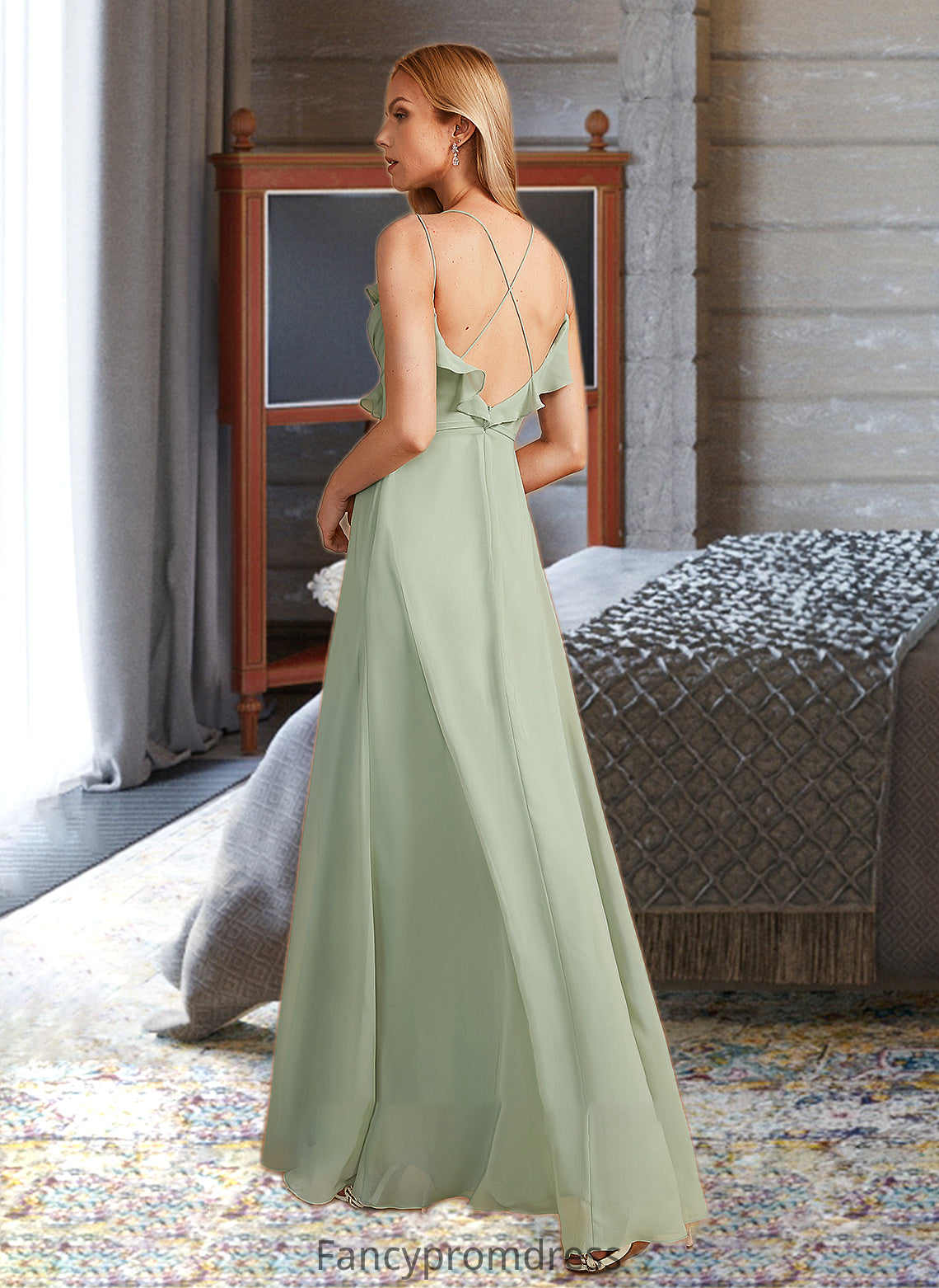 Jazmin A-Line V-neck Floor-Length Bridesmaid Dress With Ruffle DRP0013164