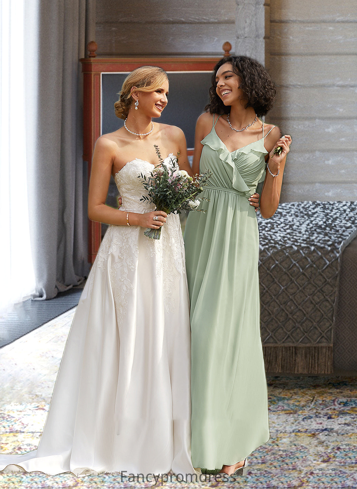 Jazmin A-Line V-neck Floor-Length Bridesmaid Dress With Ruffle DRP0013164