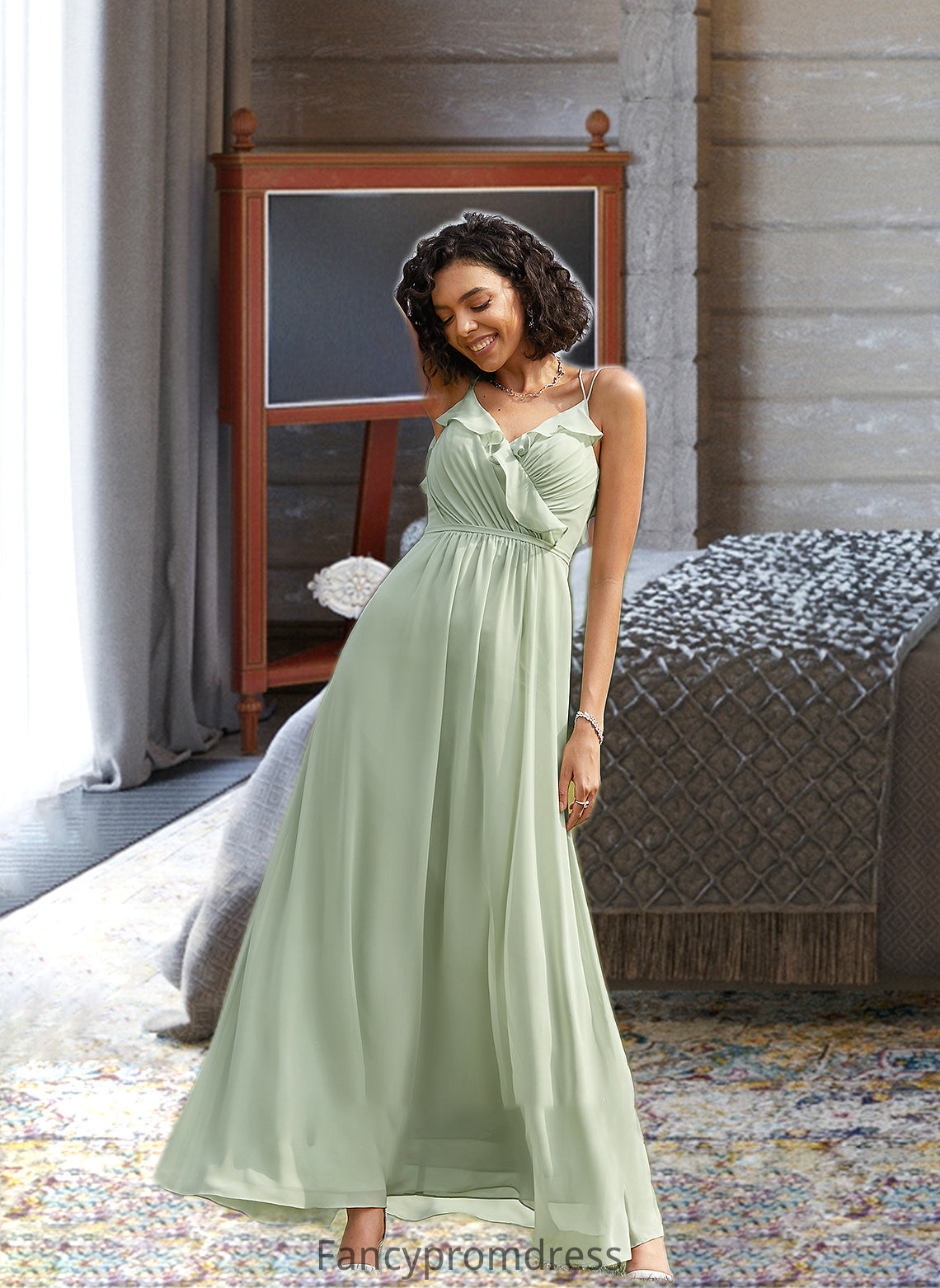 Jazmin A-Line V-neck Floor-Length Bridesmaid Dress With Ruffle DRP0013164