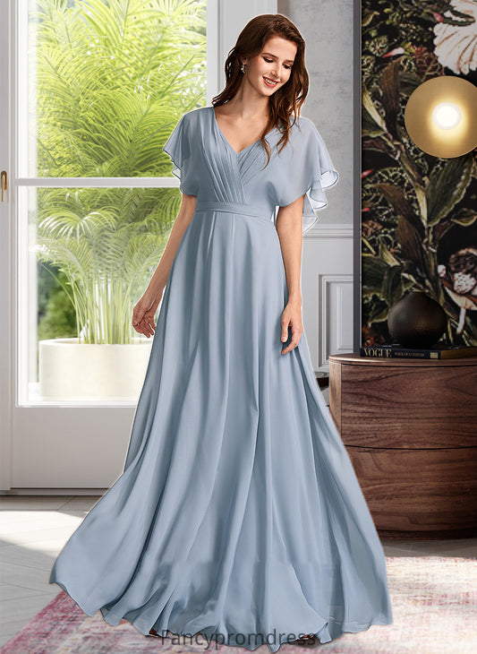 Tricia A-Line V-neck Floor-Length Bridesmaid Dress With Ruffle DRP0013165