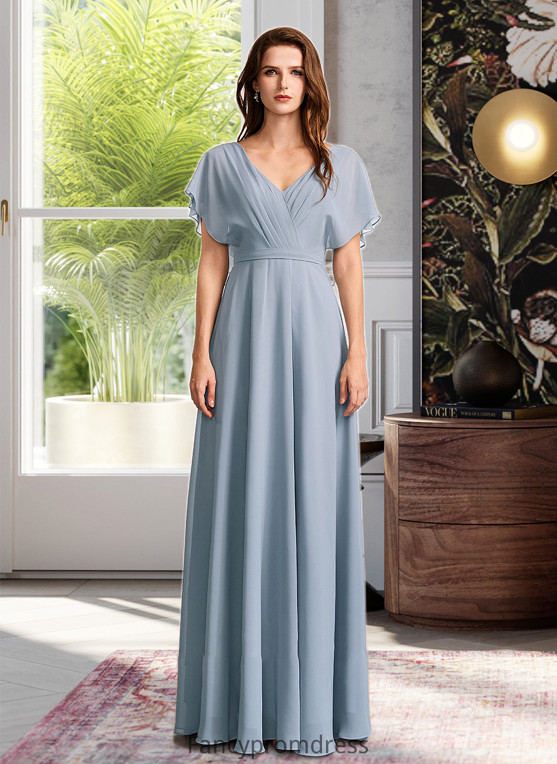 Tricia A-Line V-neck Floor-Length Bridesmaid Dress With Ruffle DRP0013165