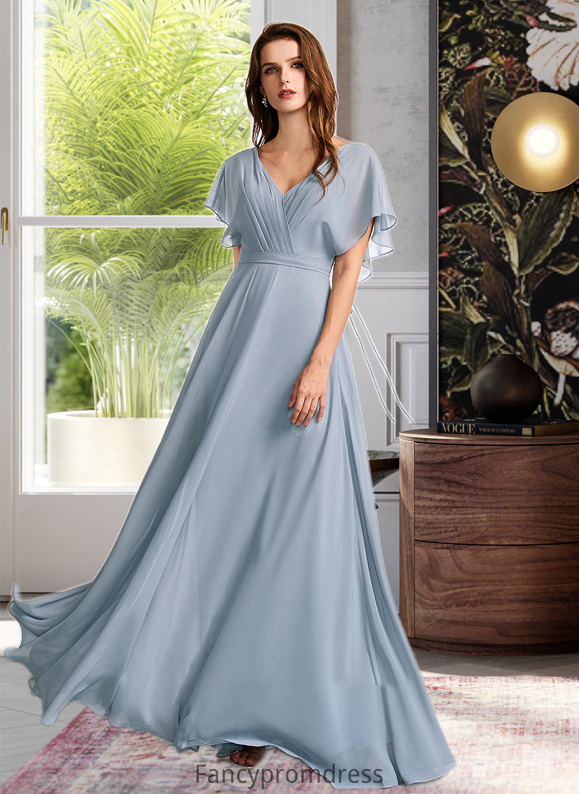 Tricia A-Line V-neck Floor-Length Bridesmaid Dress With Ruffle DRP0013165