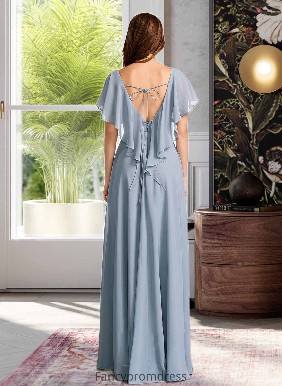 Tricia A-Line V-neck Floor-Length Bridesmaid Dress With Ruffle DRP0013165