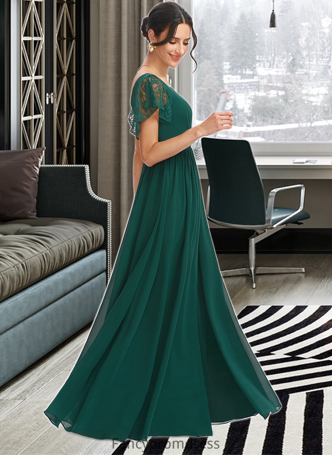 Danika A-Line V-neck Floor-Length Bridesmaid Dress With Lace Split Front DRP0013166