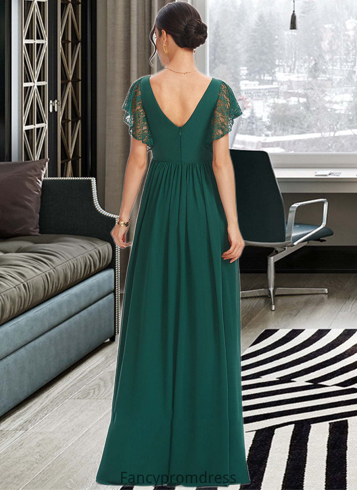 Danika A-Line V-neck Floor-Length Bridesmaid Dress With Lace Split Front DRP0013166