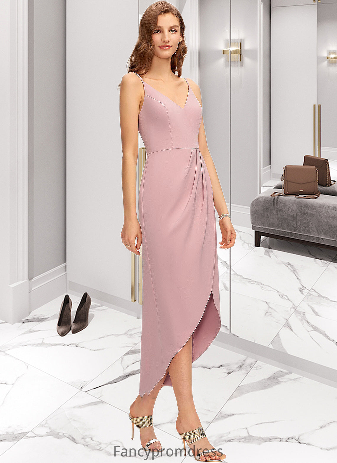 Vivienne Sheath/Column V-neck Asymmetrical Stretch Crepe Bridesmaid Dress DRP0013167